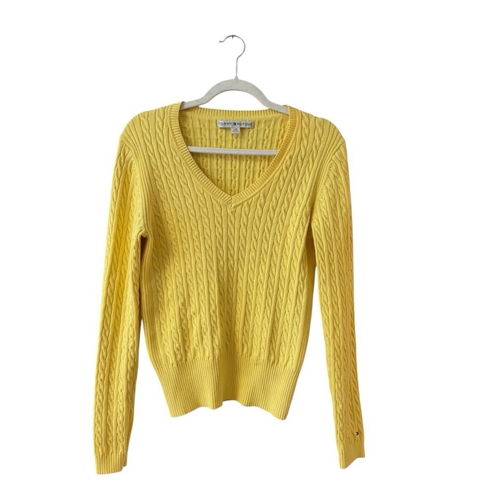 Vintage Tommy Hilfiger Cable Knit V Neck Sweater Yellow Cotton Preppy‎ Size LG